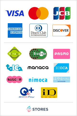 VISA・MasterCard・JCB・AMERICAN EXPRESS・Diners Club・DISCOVER交通系IC・QUICPay・iD・STORESのロゴ